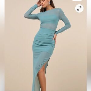 NWT Alluring Silhouette Blue Sheer Mesh Backless Maxi Dress size M , sage color
